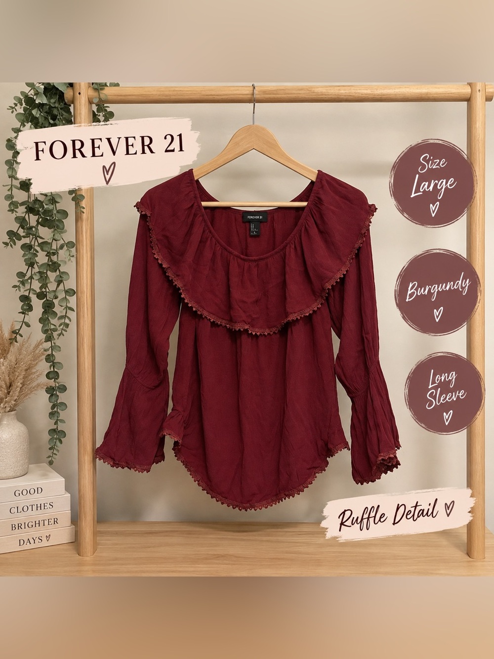 🍷 Forever 21 Burgundy Ruffle Boho Long Sleeve Blouse Women’s Large